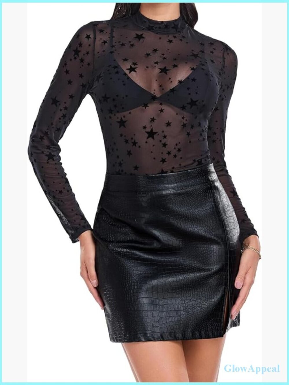 Mock Neck Mesh Long Sleeve Tee Sheer See Through Tops Party Club Blouse